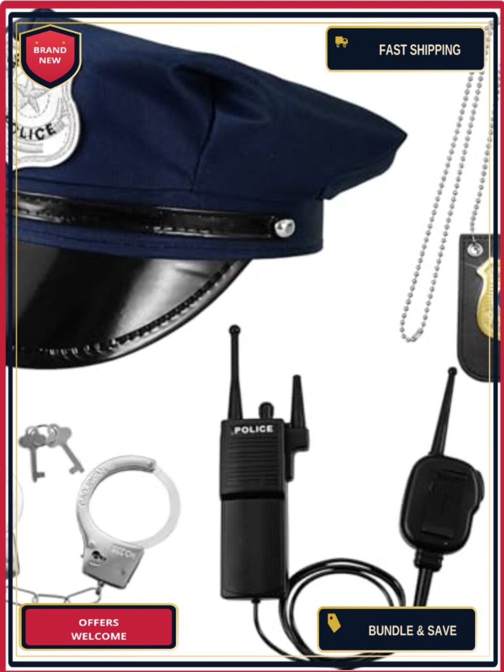 Police Officer Costume Accessory Set Adults Halloween Cosplay 4 Piece